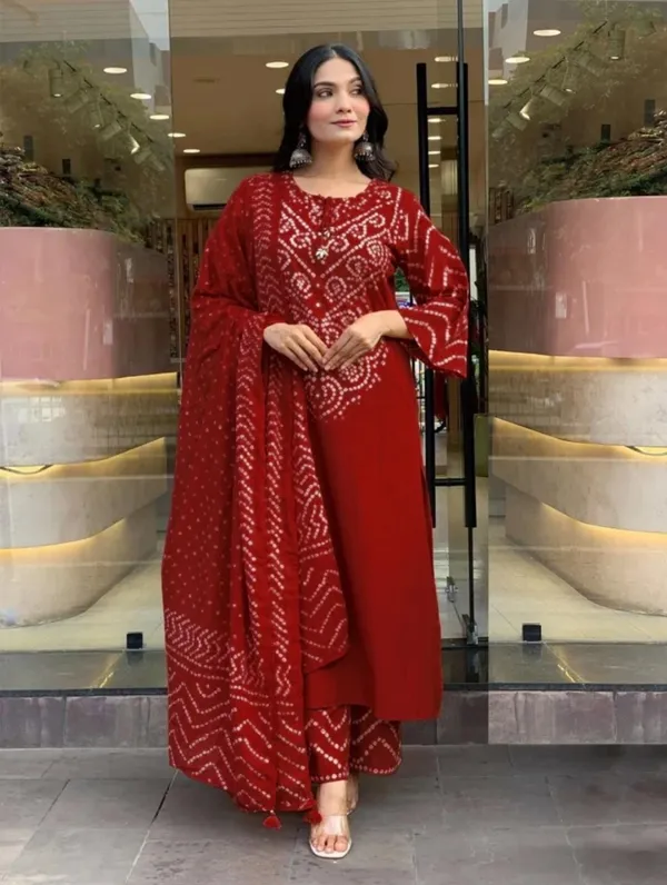 Women's_Deep_Red_Bandhani_Printed_Kurta_with_Pants_And_Dupatta_Set_3-Piece_Ethnic_Suit
