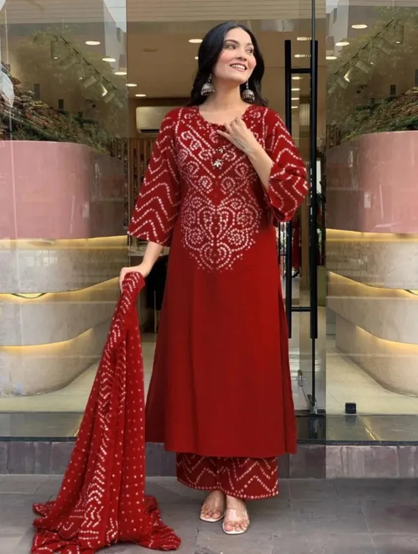 Women's_Deep_Red_Bandhani_Printed_Kurta_with_Pants_And_Dupatta_Set_3-Piece_Ethnic_Suit