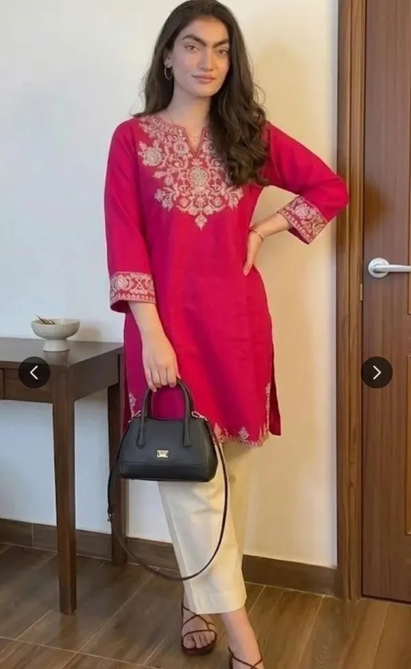 Women's_Hot_Pink_Embroidered_Short_Kurta_with_Off-White_Pants_Set