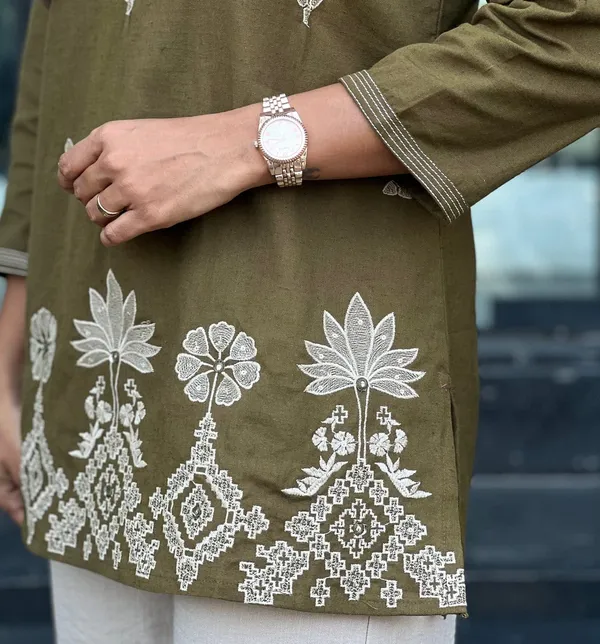 Women's_Olive_Green_Short_Kurti_with_Cream_Floral_Embroidery