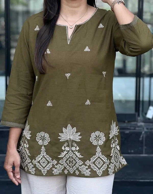 Women's_Olive_Green_Short_Kurti_with_Cream_Floral_Embroidery