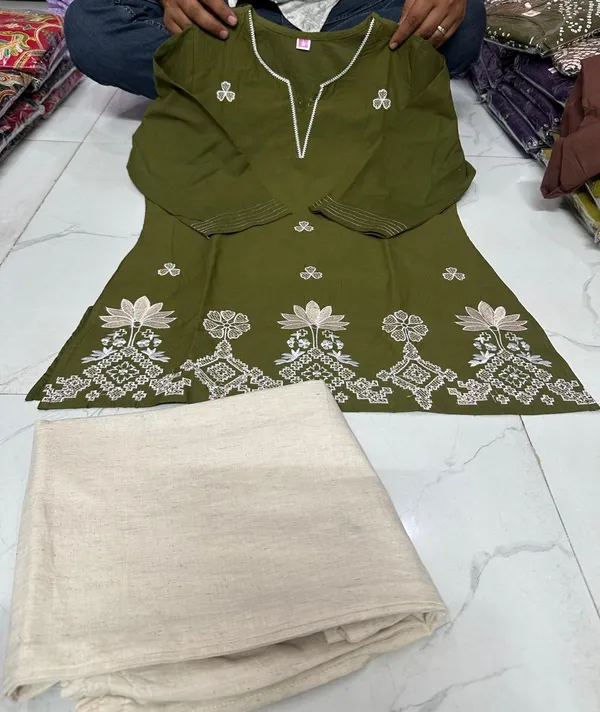 Women's_Olive_Green_Short_Kurti_with_Cream_Floral_Embroidery