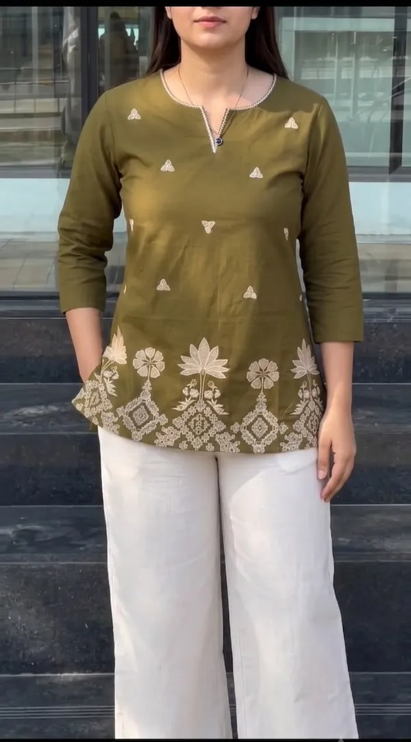 Women's_Olive_Green_Short_Kurti_with_Cream_Floral_Embroidery