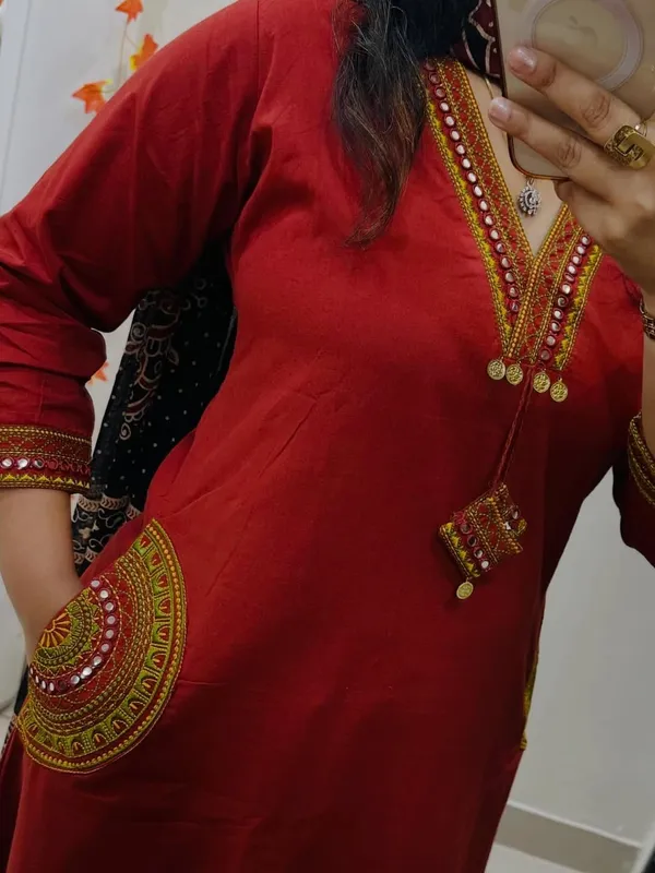 Women's_Red_Cotton_Embroidered_Kurta_Pant_Set_with_Printed_Dupatta