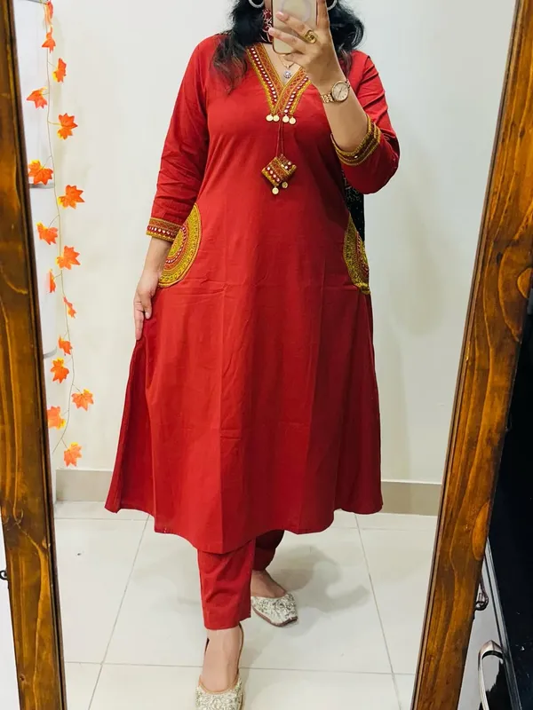 Women's_Red_Cotton_Embroidered_Kurta_Pant_Set_with_Printed_Dupatta