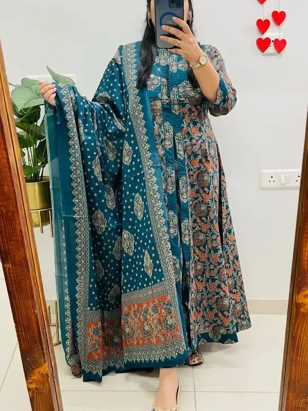 Women's_Teal_Blue_Floral_Printed_Cotton_Anarkali_Kurta_Set_with_Dupatta