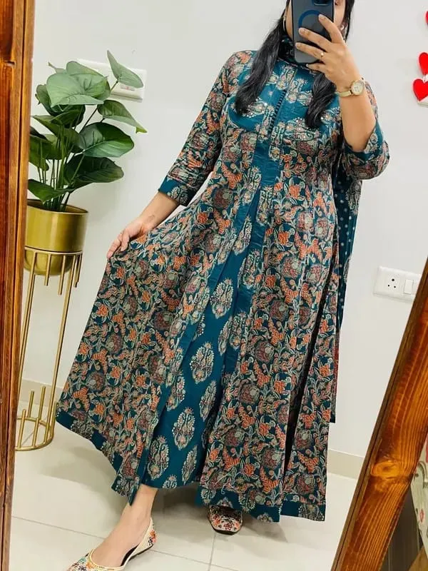 Women's_Teal_Blue_Floral_Printed_Cotton_Anarkali_Kurta_Set_with_Dupatta
