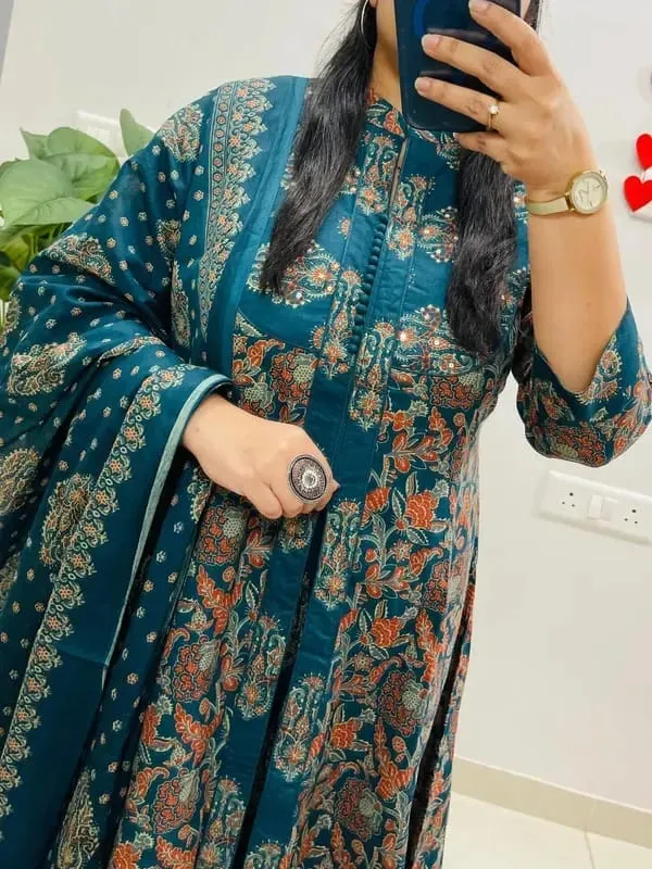 Women's_Teal_Blue_Floral_Printed_Cotton_Anarkali_Kurta_Set_with_Dupatta