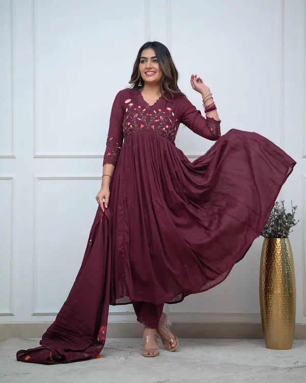 Women's_Wine_Embroidered_Anarkali_Kurta_Pant_Set_with_Printed_Dupatta
