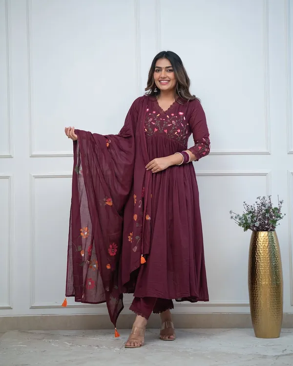 Women's_Wine_Embroidered_Anarkali_Kurta_Pant_Set_with_Printed_Dupatta
