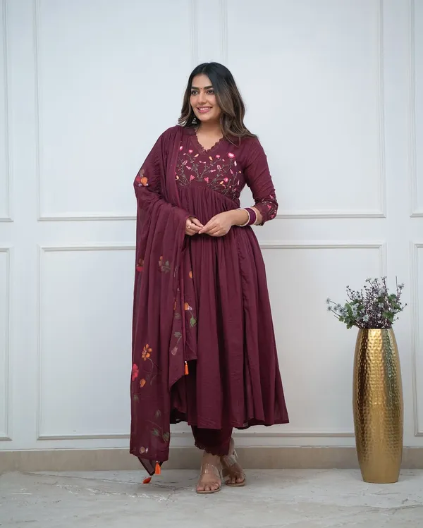 Women's_Wine_Embroidered_Anarkali_Kurta_Pant_Set_with_Printed_Dupatta