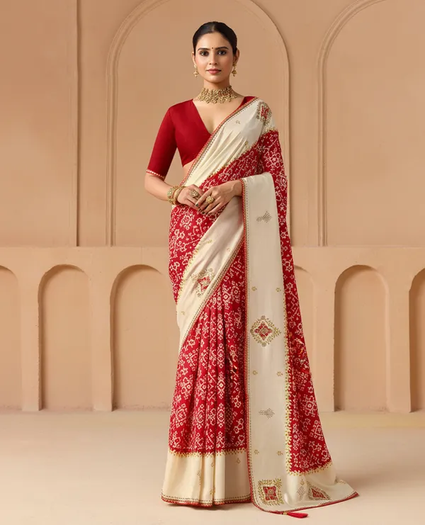 Cream_RED_Velvet_Tussar_Silk_Ikat_Print_Saree_For_Women_Odhnee_Legacy