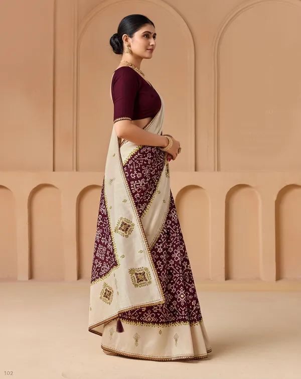 Cream_Wine_Velvet_Tussar_Silk_Ikat_Print_Saree_For_Women_Odhnee_Legacy
