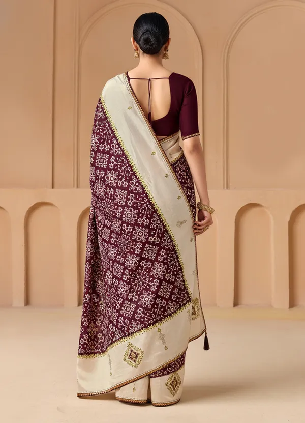 Cream_Wine_Velvet_Tussar_Silk_Ikat_Print_Saree_For_Women_Odhnee_Legacy