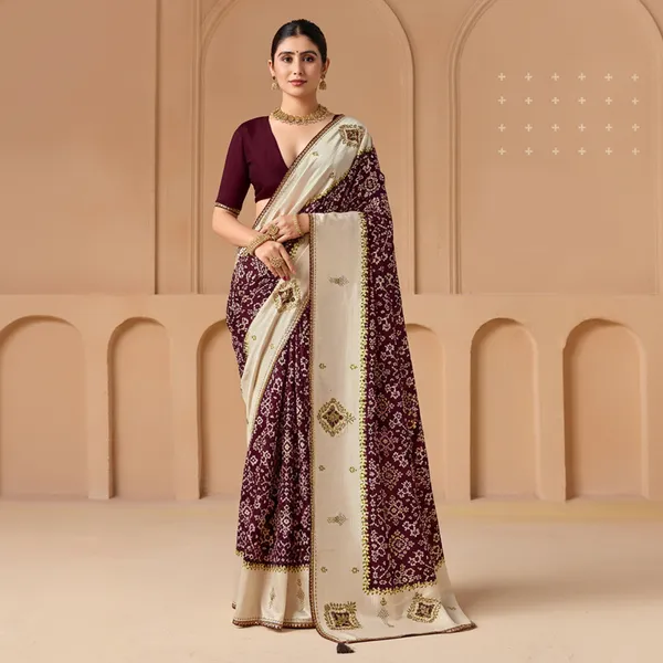 Cream_Wine_Velvet_Tussar_Silk_Ikat_Print_Saree_For_Women_Odhnee_Legacy