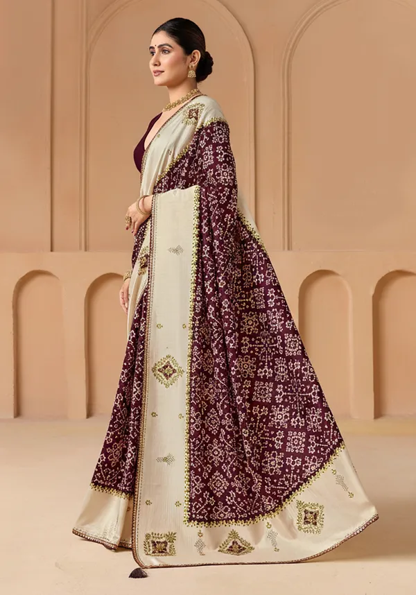 Cream_Wine_Velvet_Tussar_Silk_Ikat_Print_Saree_For_Women_Odhnee_Legacy