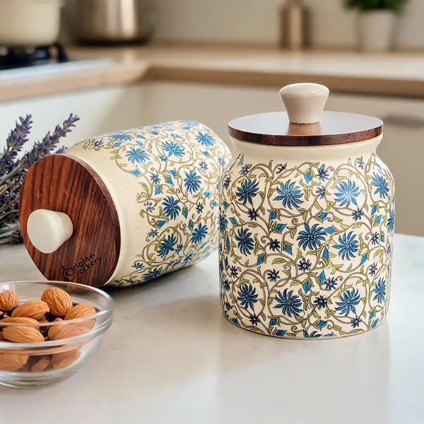Cream_&_Blue_Ceramic_&_Wood_Food_Storage_Container_With_Wooden_Lid_(Pack_of_2_)