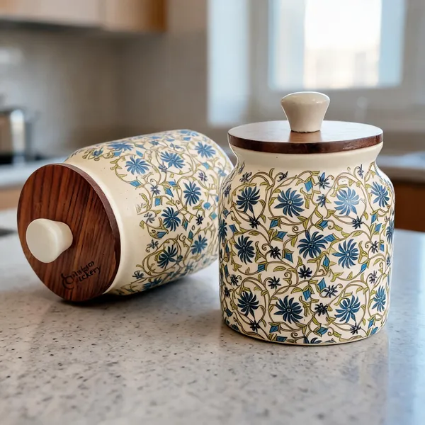 Cream_&_Blue_Ceramic_&_Wood_Food_Storage_Container_With_Wooden_Lid_(Pack_of_2_)