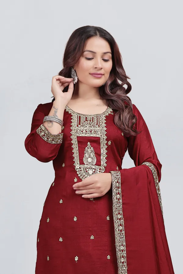 Maroon_Vichitra_Silk_Straight_Embroidered_Suit_Set_For_Women