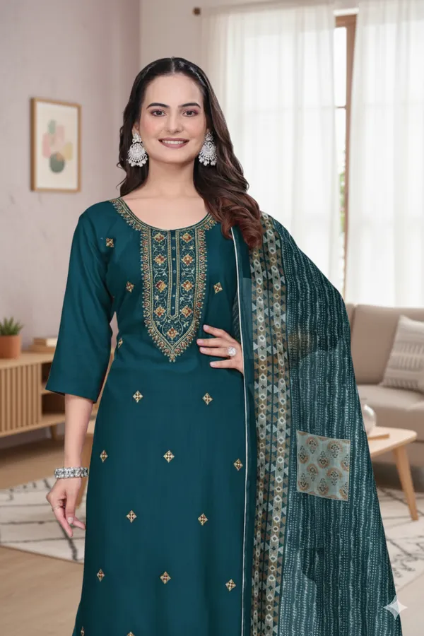 Teal_Rayon_Slub_Straight_Embroidered_Kurta_Set_For_Women