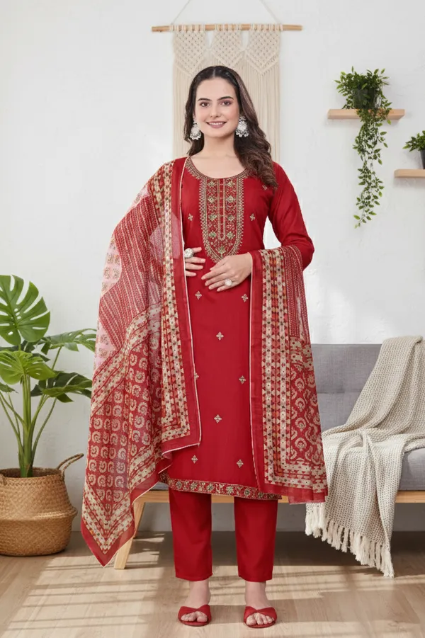 Red_Rayon_Slub_Straight_Embroidered_Kurta_Set_For_Women