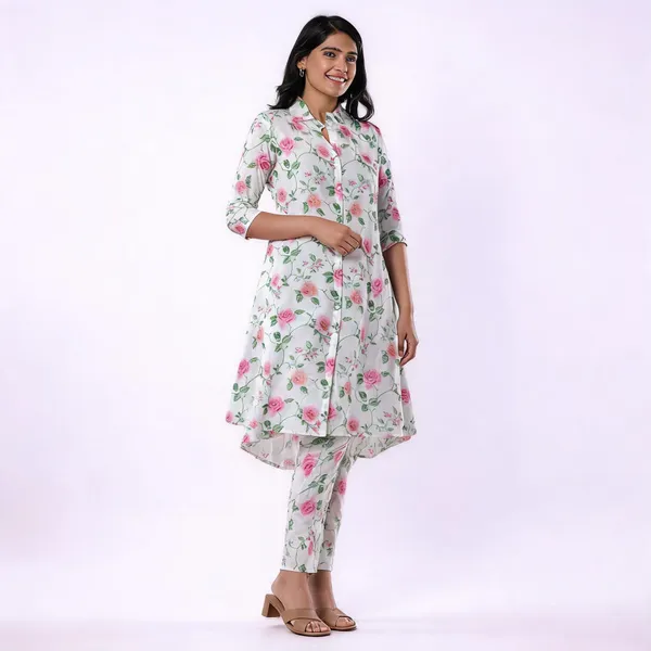White_Pc_Cotton_A-Line_Floral_Print_Kurta_Set_For_Women