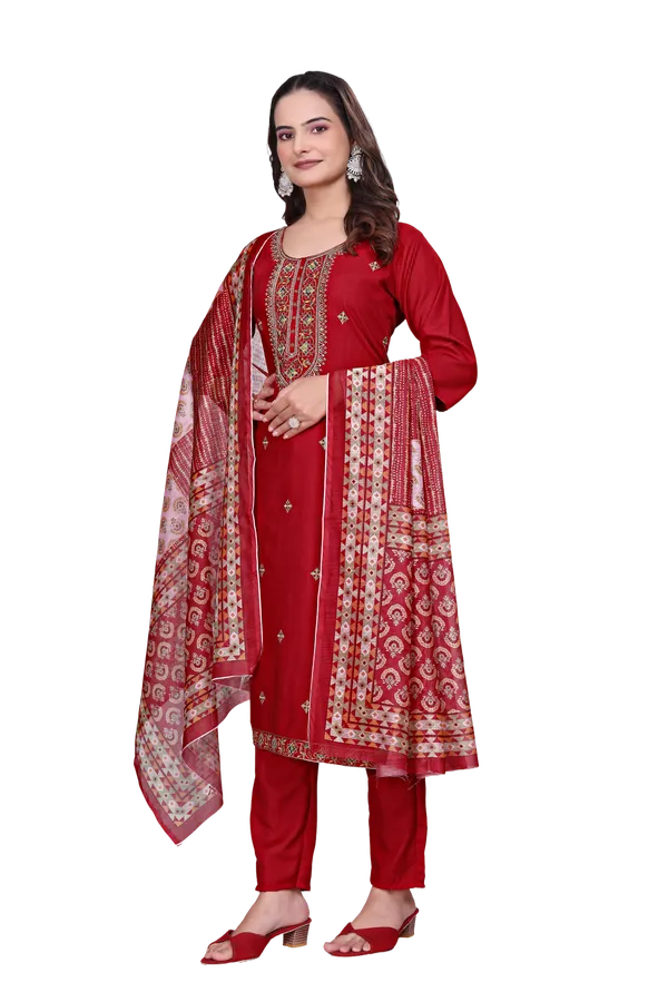 Red_Rayon_Slub_Straight_Embroidered_Kurta_Set_For_Women