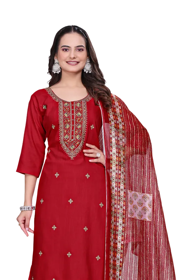 Red_Rayon_Slub_Straight_Embroidered_Kurta_Set_For_Women
