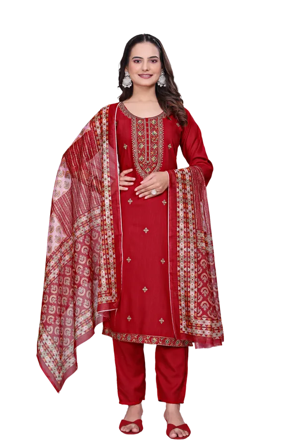 Red_Rayon_Slub_Straight_Embroidered_Kurta_Set_For_Women