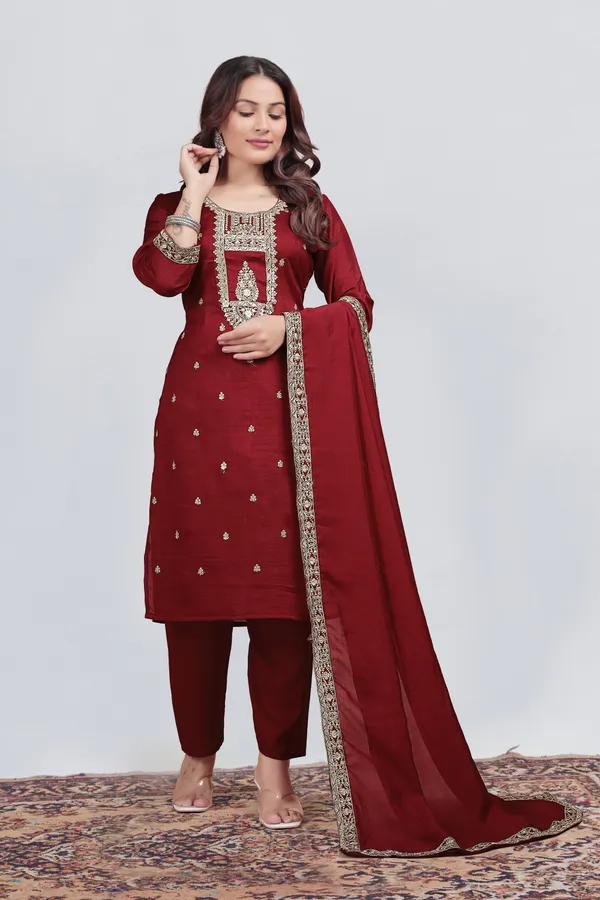 Maroon_Vichitra_Silk_Straight_Embroidered_Suit_Set_For_Women