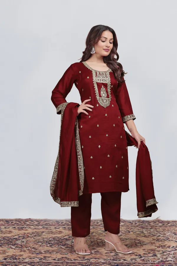 Maroon_Vichitra_Silk_Straight_Embroidered_Suit_Set_For_Women