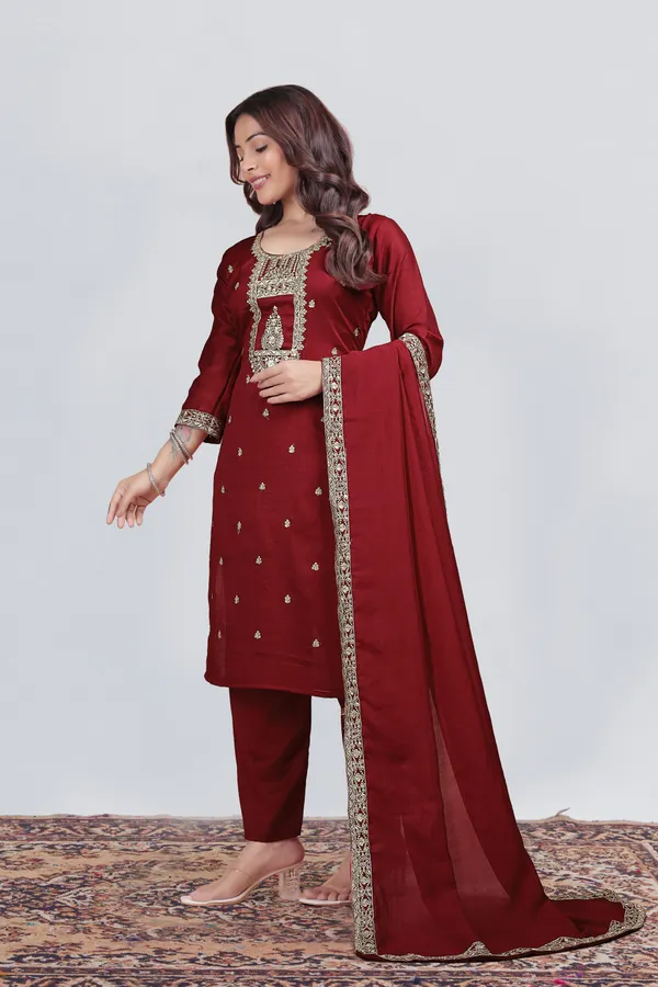 Maroon_Vichitra_Silk_Straight_Embroidered_Suit_Set_For_Women