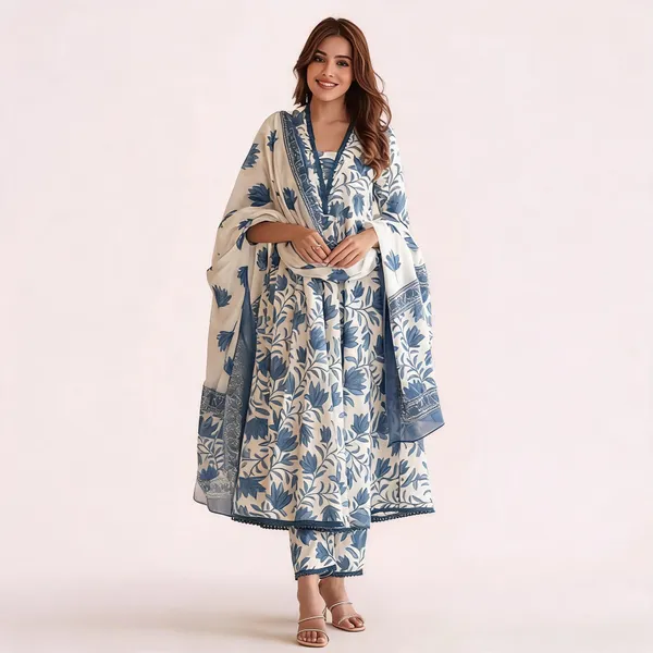 Blue_South_Cotton_Flared_Floral_Printed_Kurta_Set_For_Women