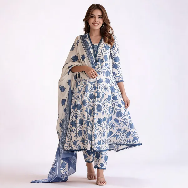 Blue_South_Cotton_Flared_Floral_Printed_Kurta_Set_For_Women