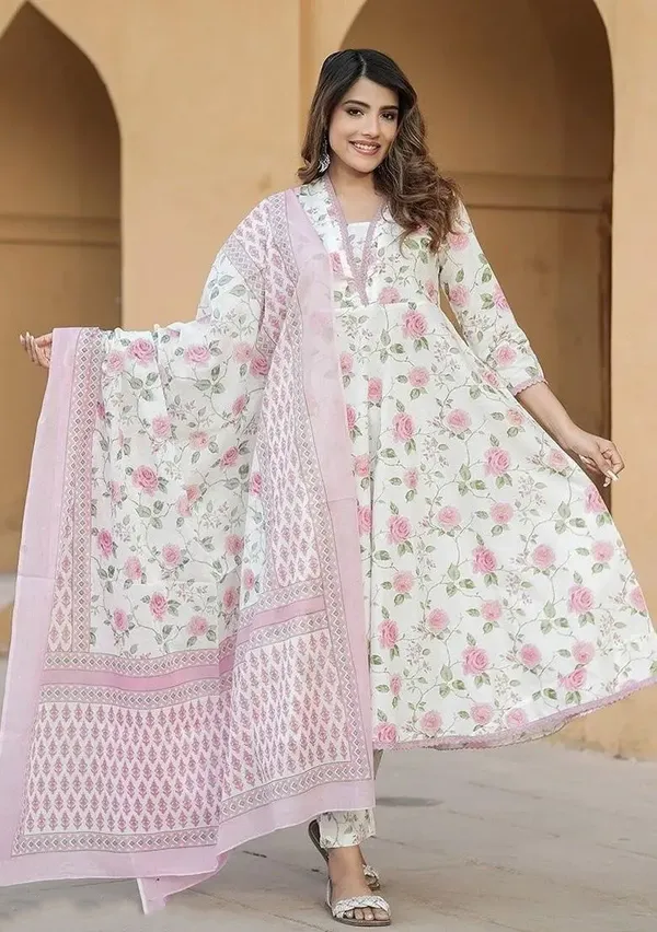 Pink_And_White__Pc_Cotton_Straight_Floral_Print_Kurta_Set_For_Women