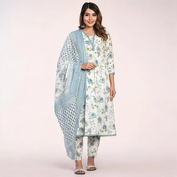 Blue_Pc_Cotton_Straight_Floral_Printed_Kurta_Set_For_Women