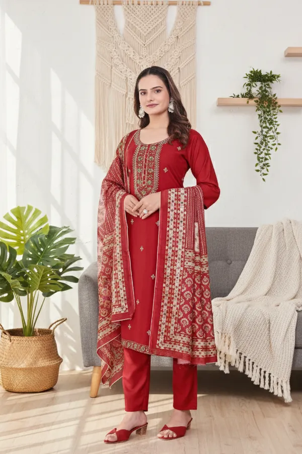 Red_Rayon_Slub_Straight_Embroidered_Kurta_Set_For_Women