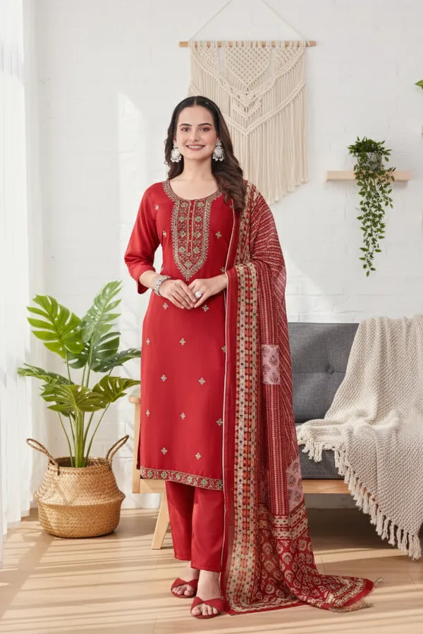 Red_Rayon_Slub_Straight_Embroidered_Kurta_Set_For_Women