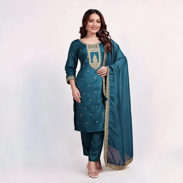 Teal_Vichitra_Silk_Straight_Embroidered_Kurta_Set_For_Women
