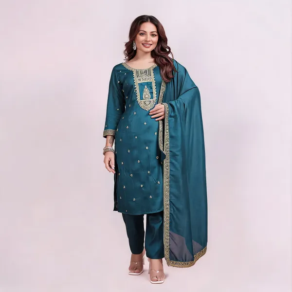 Teal_Vichitra_Silk_Straight_Embroidered_Kurta_Set_For_Women