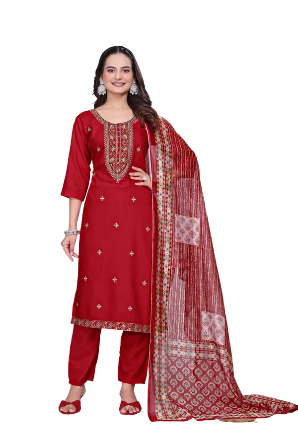 Red_Rayon_Slub_Straight_Embroidered_Kurta_Set_For_Women