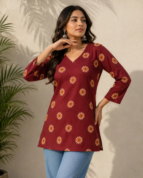 Maroon_Cotton_Floral_Print_V_Neck_Short_Kurti_For_Women