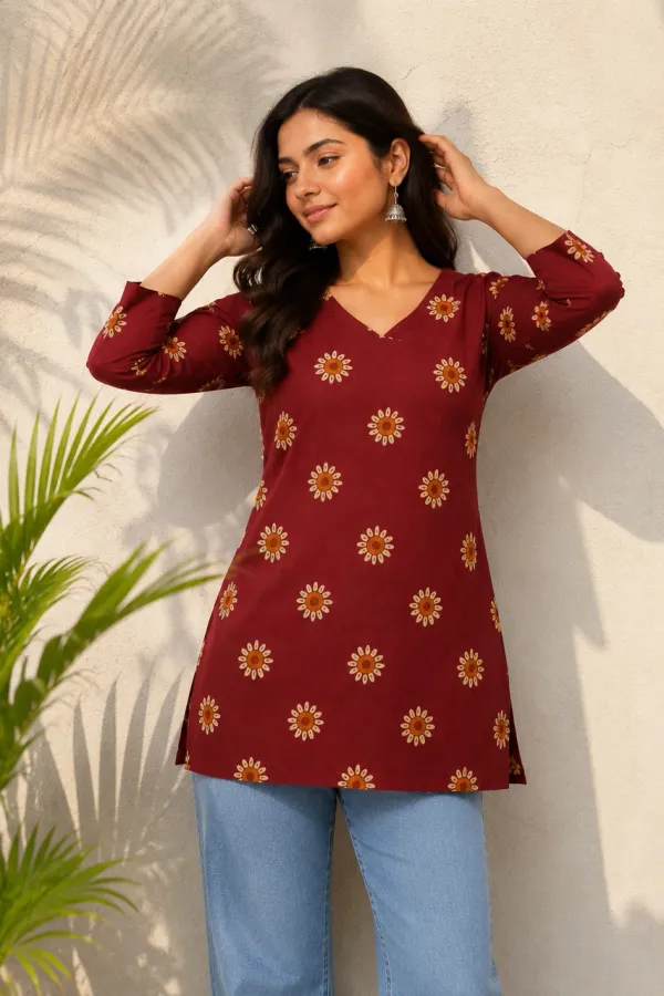 Maroon_Cotton_Floral_Print_V_Neck_Short_Kurti_For_Women