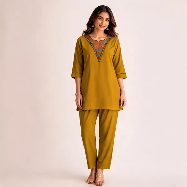 Yellow_Rayon_Embroidered_Kurti_With_Pant_Set_For_Women