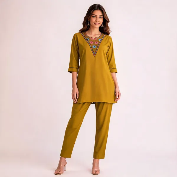 Yellow_Rayon_Embroidered_Kurti_With_Pant_Set_For_Women