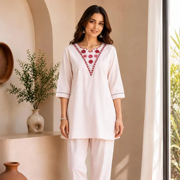 White_Rayon_Embroidered_Kurti_With_Pant_Set_For_Women