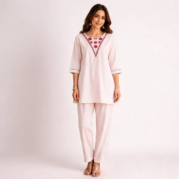 White_Rayon_Embroidered_Kurti_With_Pant_Set_For_Women