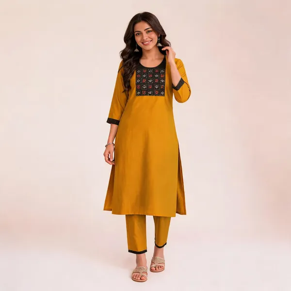 Yellow_Slub_Cotton_Printed_Kurti_With_Pant_Set_For_Women
