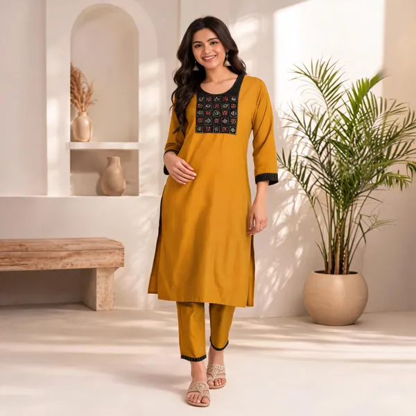 Yellow_Slub_Cotton_Printed_Kurti_With_Pant_Set_For_Women