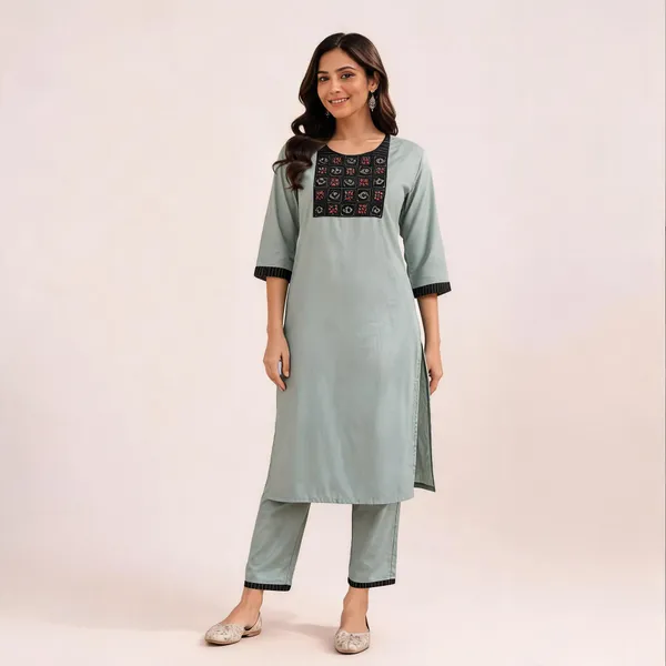 Grey_Slub_Cotton_Printed_Kurti_With_Pant_Set_For_Women